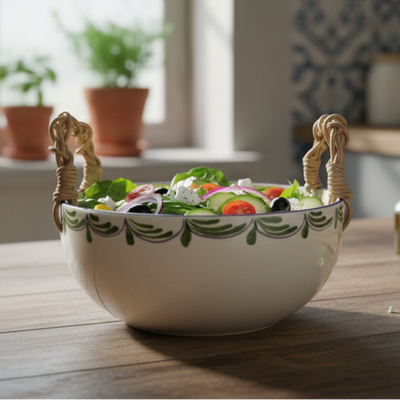 Bacia Americana Redonda Cerâmica com Alça de Junco Flor de Alcachofra