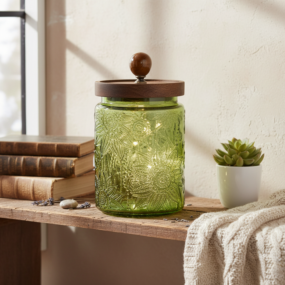 Pote de Vidro Decorado Verde 700ml Tampa Madeira Tuut