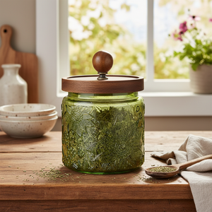 Pote de Vidro Decorado Verde 500ml Tampa Madeira Tuut