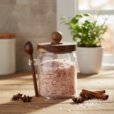 Pote de Vidro 570ml Tampa e Colher Madeira Acacia Tuut