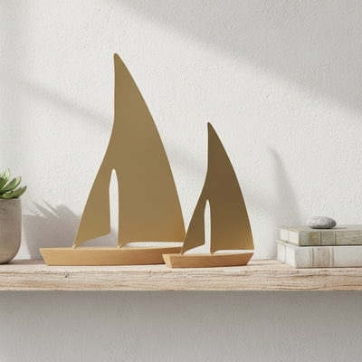 Kit 2 Esculturas Barcos em Madeira e Metal Bege Mart