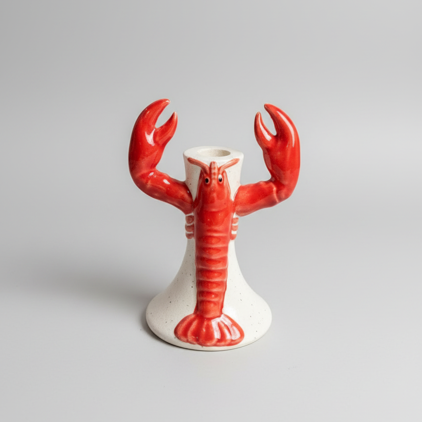 Castiçal Cerâmica Lagosta Vermelho e Branco 12x11x18cm Tuut