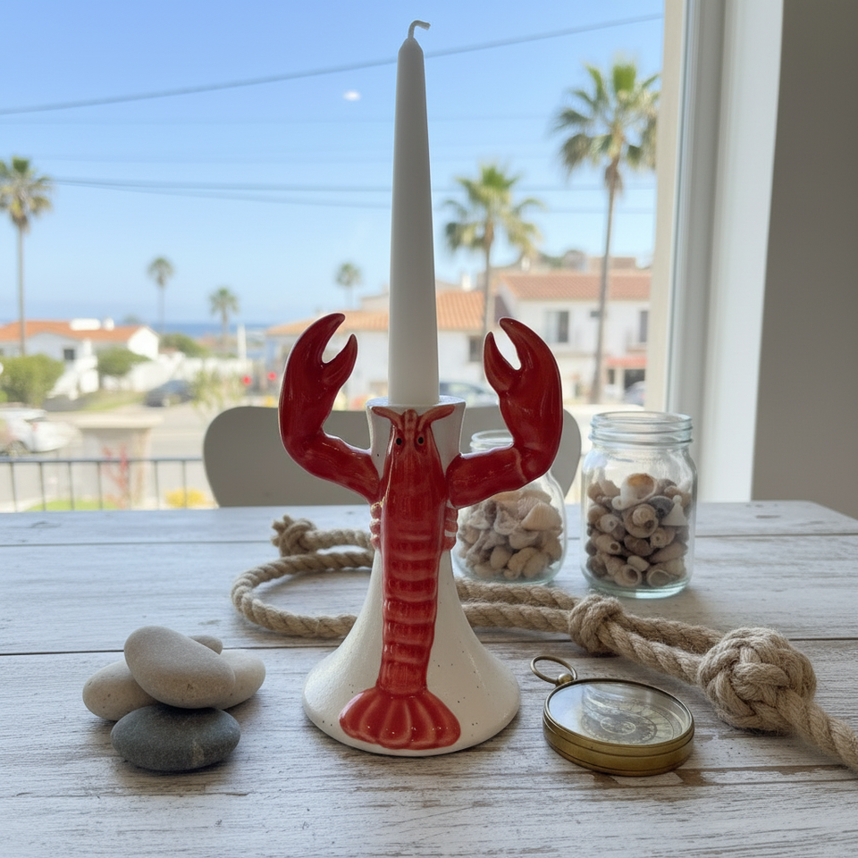 Castiçal Cerâmica Lagosta Vermelho e Branco 12x11x18cm Tuut