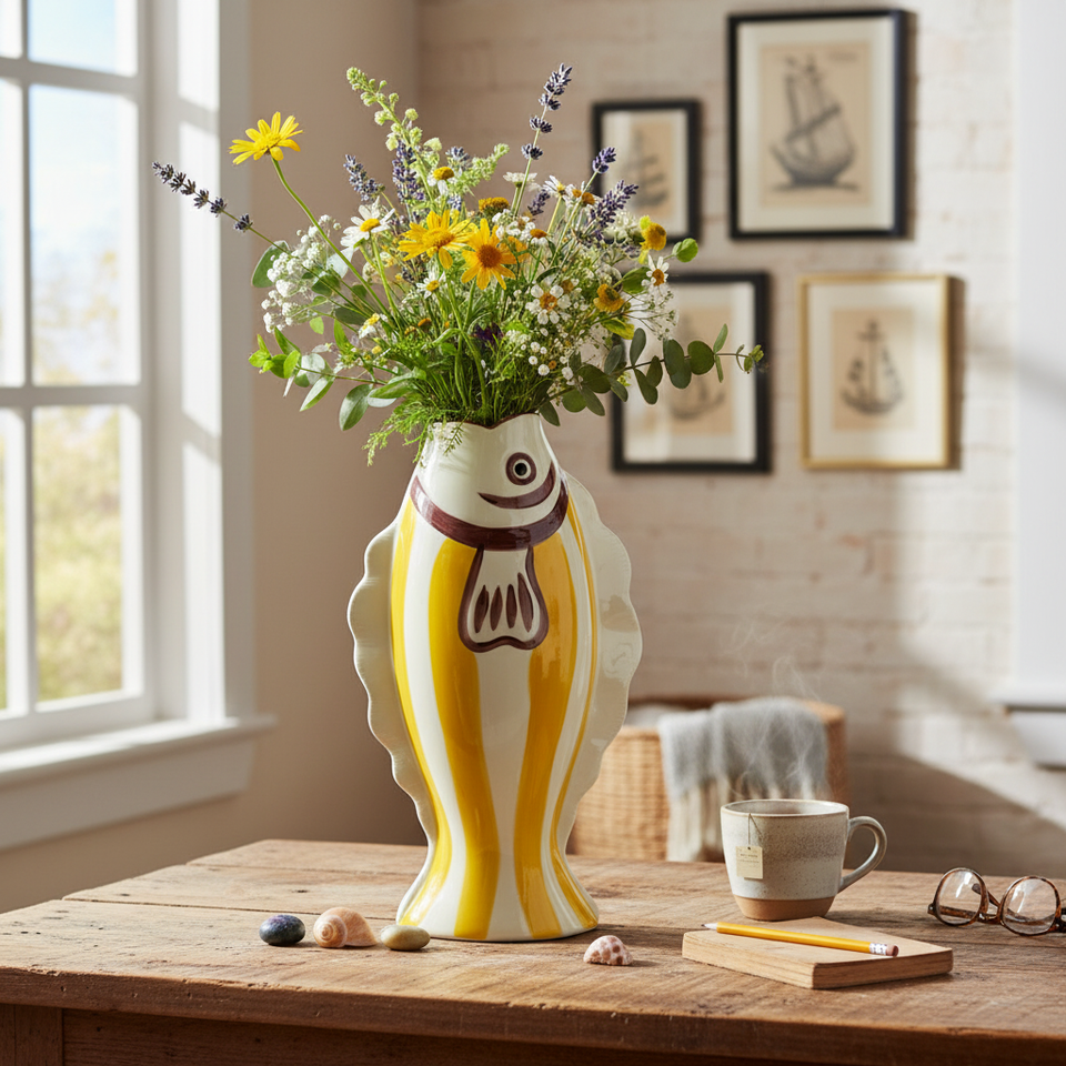 Vaso Cerâmica Peixe Amarelo Grande Tuut