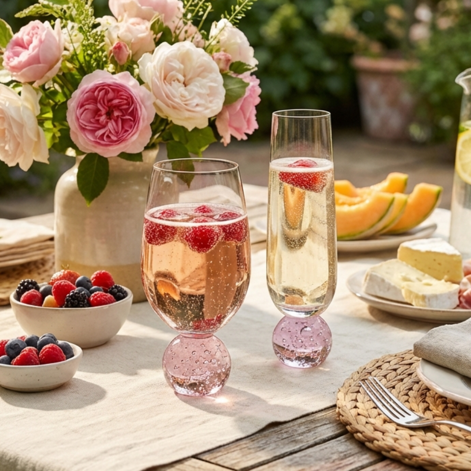 Conjunto Taças Champagne e Água Vidro Transparente Esfera Rosa Bubble (12 peças)