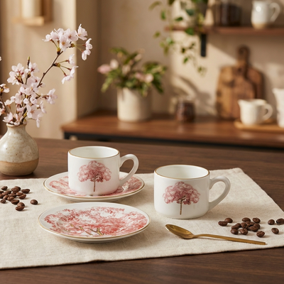 Jogo 6 Xícaras de Chá com Pires Cerâmica Ypê Rosa com Filete de Ouro 200ml Scalla