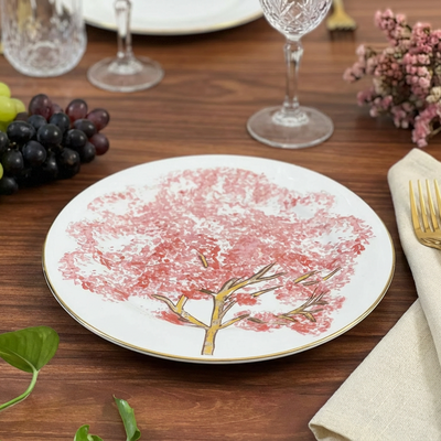 Jogo 6 Pratos de Sobremesa Cerâmica Ypê Rosa com Filete de Ouro 21cm Scalla