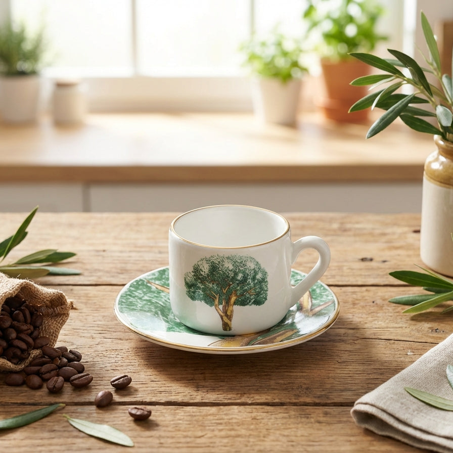 Jogo 6 Xícaras de Café com Pires Cerâmica Ypê Verde com Filete de Ouro 100ml Scalla