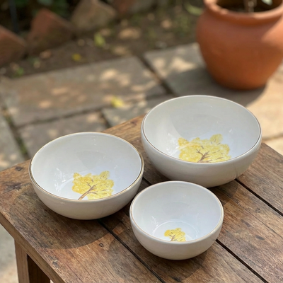 Jogo 3 Tigelas Cerâmica Cerâmica Ypê Amarelo com Filete de Ouro Scalla