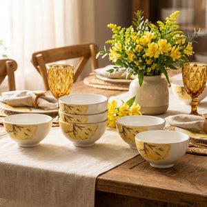 Jogo 6 Bowls Cerâmica Ypê Amarelo com Filete de Ouro 450ml 7cm Scalla