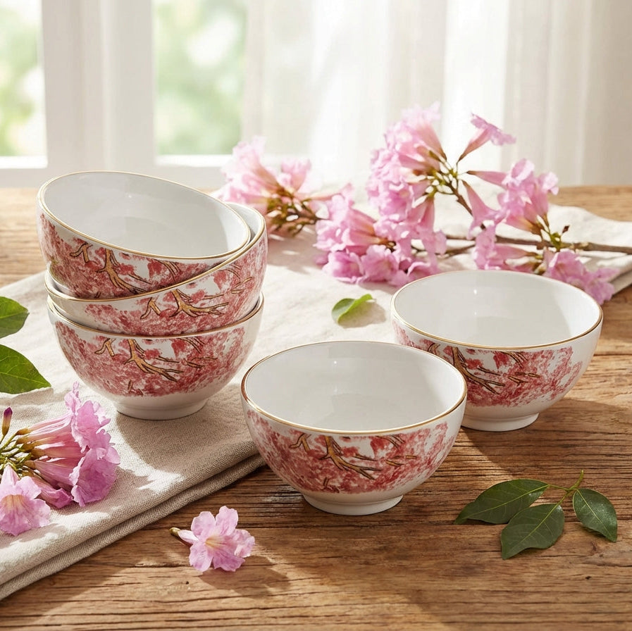 Jogo 6 Bowls Cerâmica Ypê Rosa com Filete de Ouro 450ml 7cm Scalla