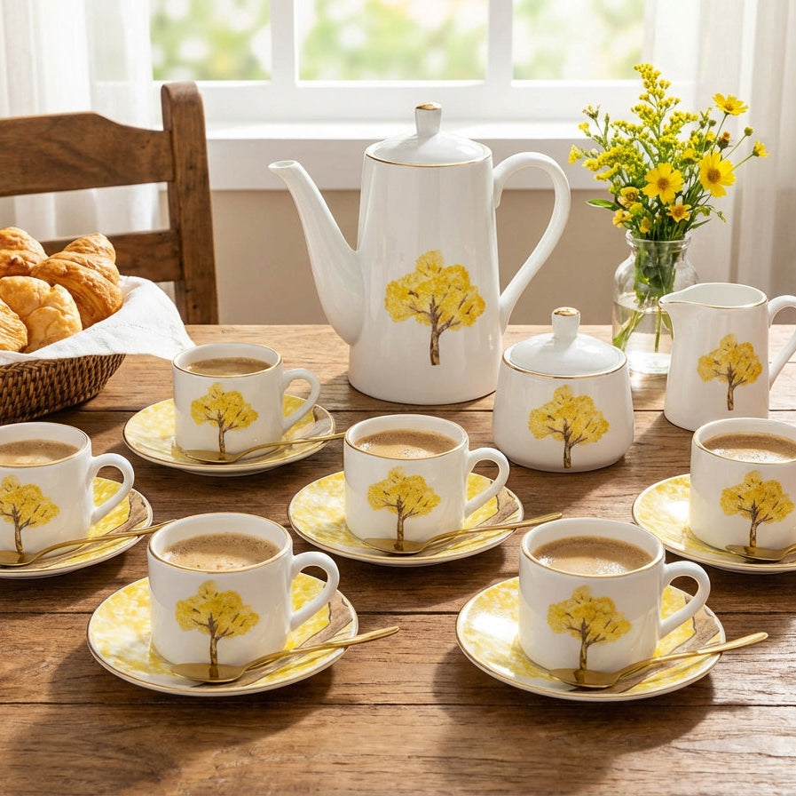 Jogo 6 Xícaras de Café com Pires Cerâmica Ypê Amarelo com Filete de Ouro 100ml Scalla