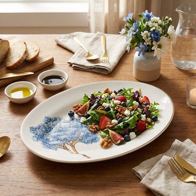 Travessa Pequena Cerâmica Ypê Azul com Filete de Ouro 33x24cm Scalla