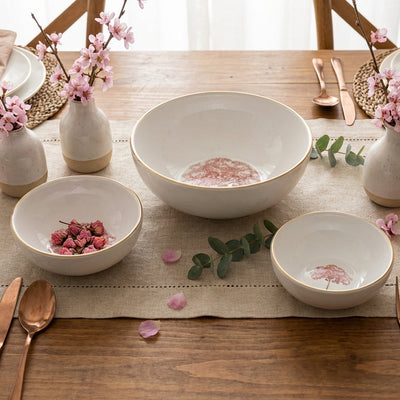 Jogo 3 Tigelas Cerâmica Cerâmica Ypê Rosa com Filete de Ouro Scalla