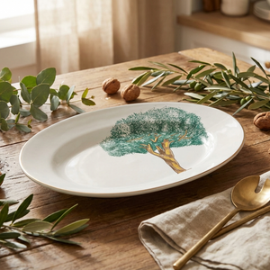 PRÉ-VENDA: Travessa Grande Cerâmica Ypê Verde com Filete de Ouro 42x33cm Scalla