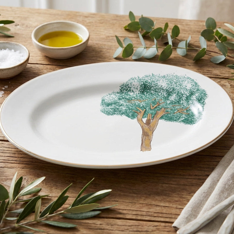 PRÉ-VENDA: Travessa Grande Cerâmica Ypê Verde com Filete de Ouro 42x33cm Scalla