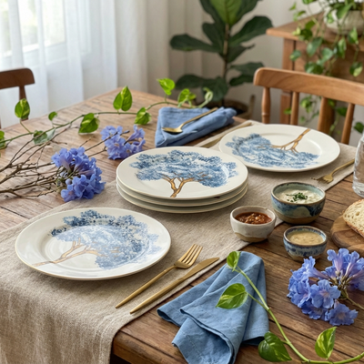 Jogo 6 Pratos Rasos Cerâmica Ypê Azul com Filete de Ouro 28cm Scalla