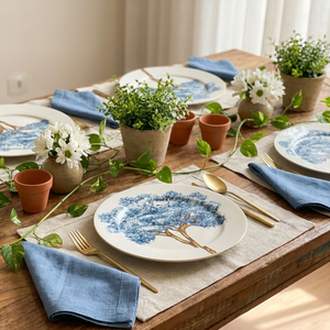 Jogo 6 Pratos Rasos Cerâmica Ypê Azul com Filete de Ouro 28cm Scalla