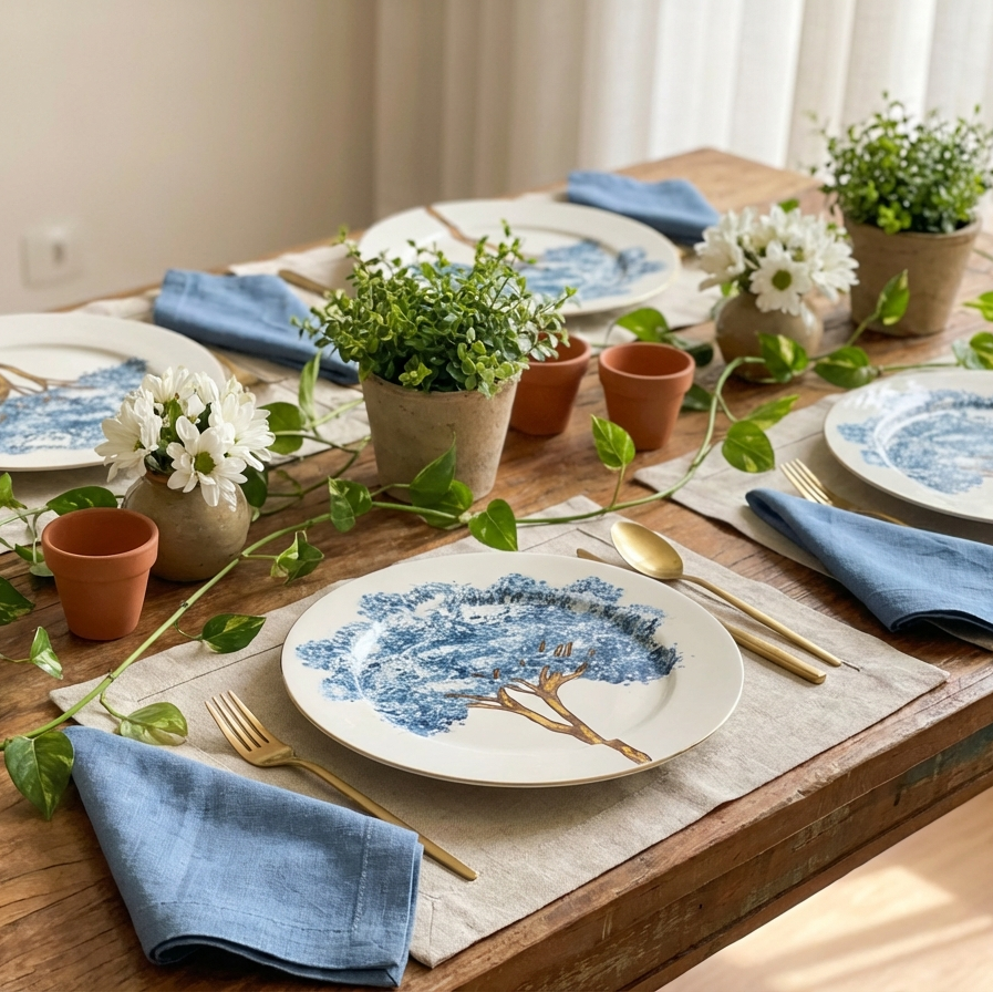 Jogo 6 Pratos Rasos Cerâmica Ypê Azul com Filete de Ouro 28cm Scalla