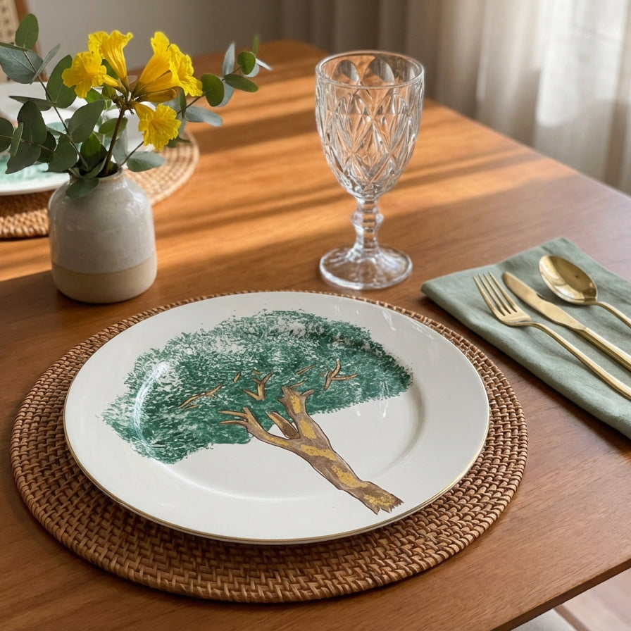 Jogo 6 Pratos Rasos Cerâmica Ypê Verde com Filete de Ouro 28cm Scalla