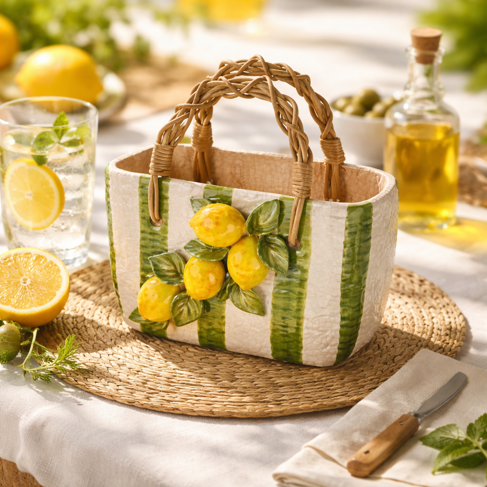 Vaso Bolsa Cerâmica Listrado Limão Amalfi