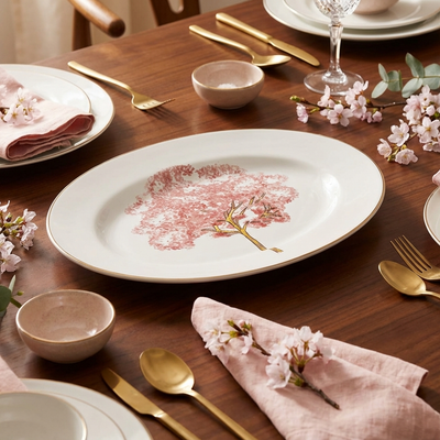 Travessa Grande Cerâmica Ypê Rosa com Filete de Ouro 42x33cm Scalla