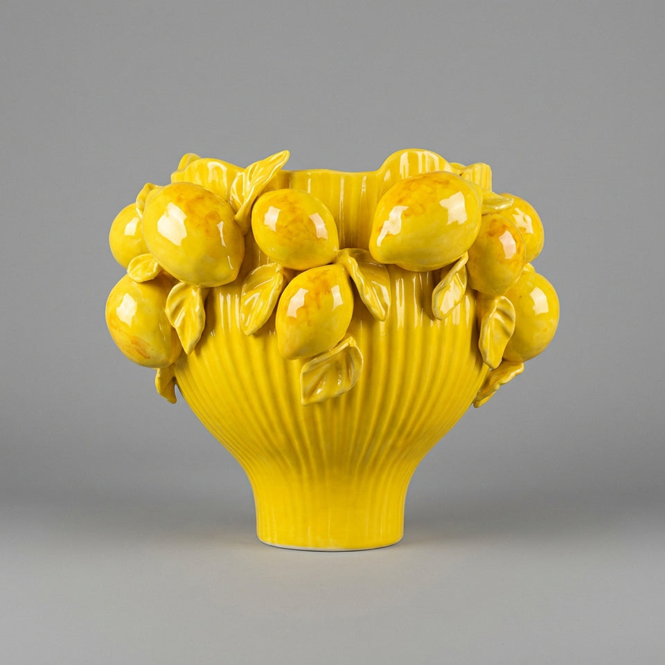 Vaso Cachepot Cerâmica Craquelê Baixo Amarelo Limão