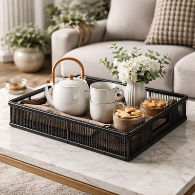 Bandeja Média Retangular em Bambu Natural Preta Bahali