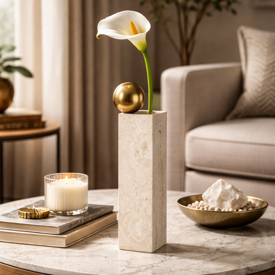 Vaso Quadrado Travertine Gold Grande