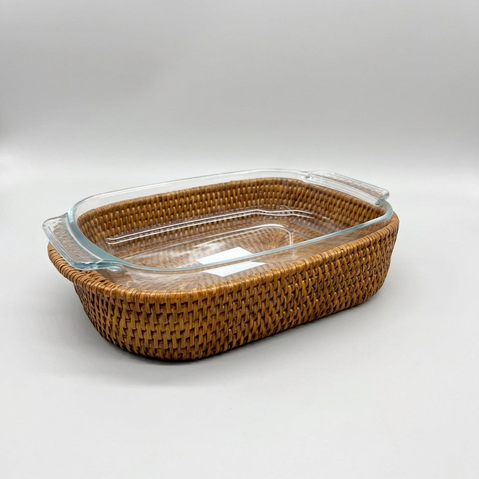 Suporte Retangular Médio em Rattan e Pirex Vidro Bahali