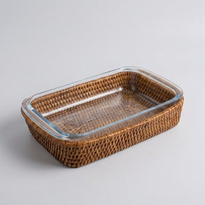 Suporte Retangular Pequeno em Rattan e Pirex Vidro Bahali