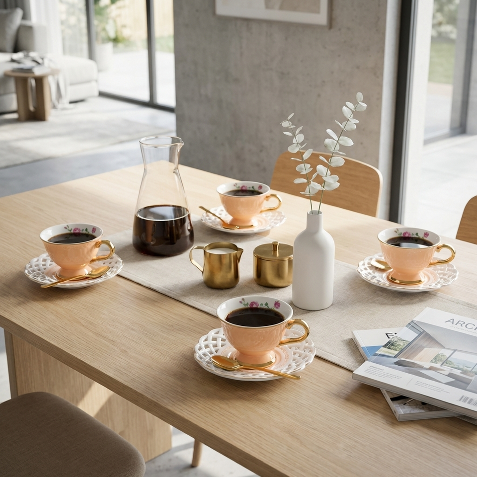 Jogo 4 Xícaras de Café com Pires New Bone China Mon Désir Borda Dourada 90ml L'Hermitage