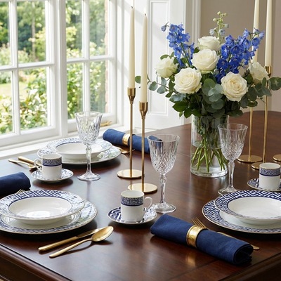 PRÉ-VENDA: Aparelho de Jantar Grecco 42 Pçs Porcelana Azul com Filete Dourado  L'Hermitage