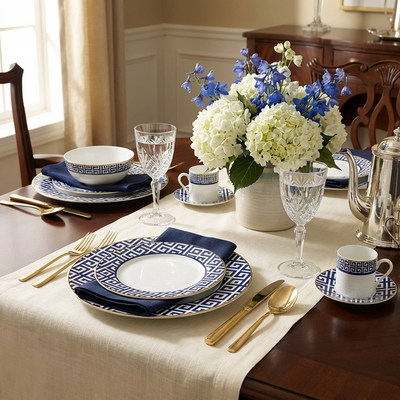 PRÉ-VENDA: Aparelho de Jantar Grecco 42 Pçs Porcelana Azul com Filete Dourado  L'Hermitage
