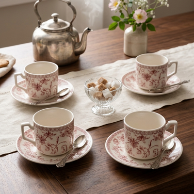 Jogo 4 Xícaras de Café com Pires New Bone China Hortênsia 90ml Bordô L'Hermitage