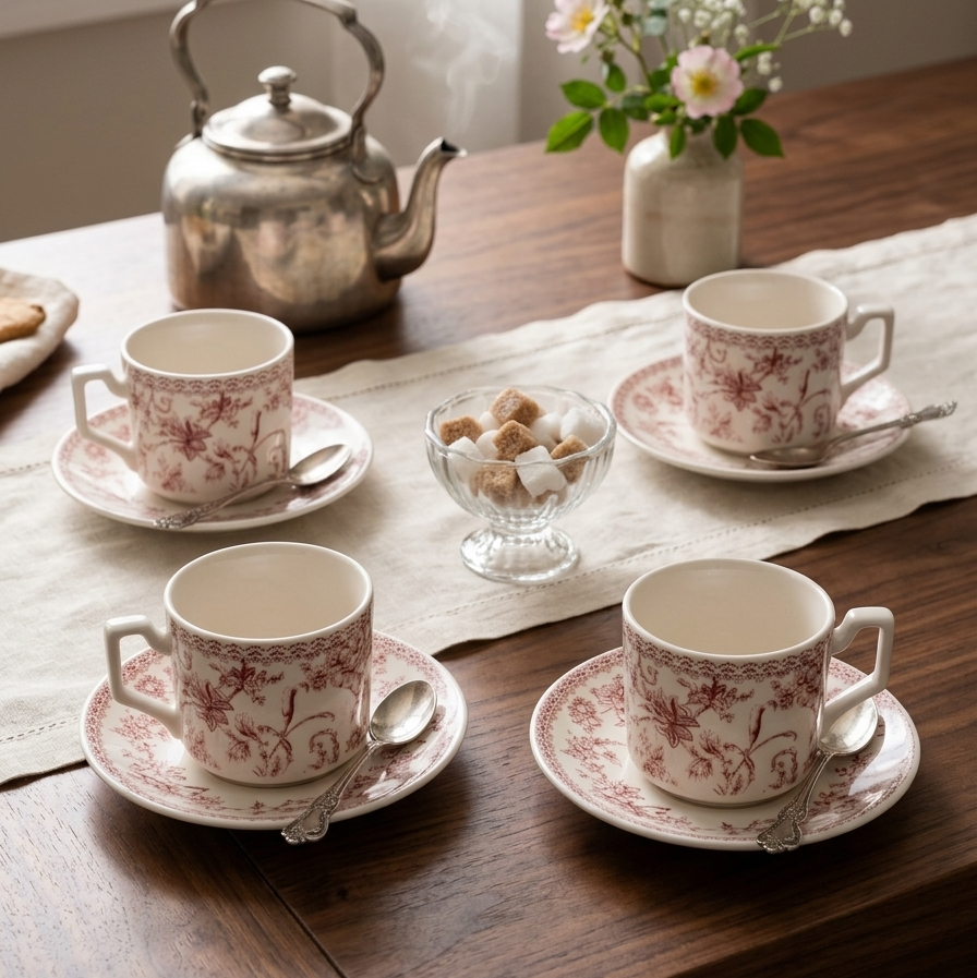 Jogo 4 Xícaras de Café com Pires New Bone China Hortênsia 90ml Bordô L'Hermitage