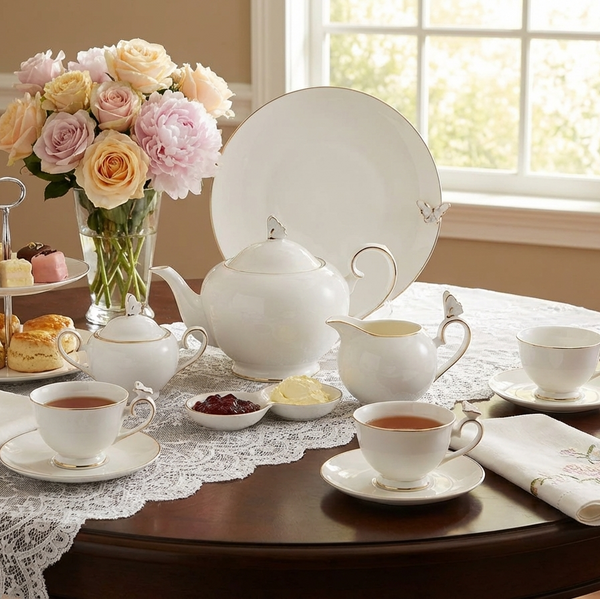 Aparelho de Chá e Café Papillon 23 Pçs New Bone China Borda Ouro L'Hermitage