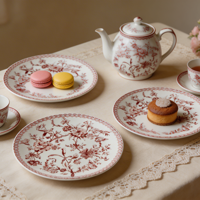 Jogo 4 Pratos de Sobremesa New Bone China Hortênsia Bordô Borda Dourada 19cm L'Hermitage