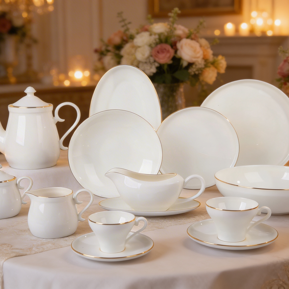 Aparelho de Jantar Lisse 46 Pçs Fine Bone China Filado Dourado L'Hermitage