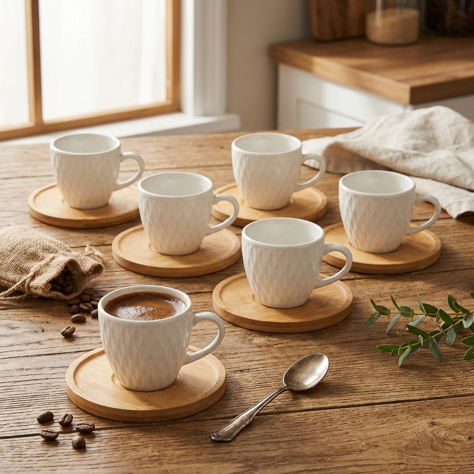 Jogo 6 Xícaras Café Cerâmica Branca Texturizada Calm 90ml