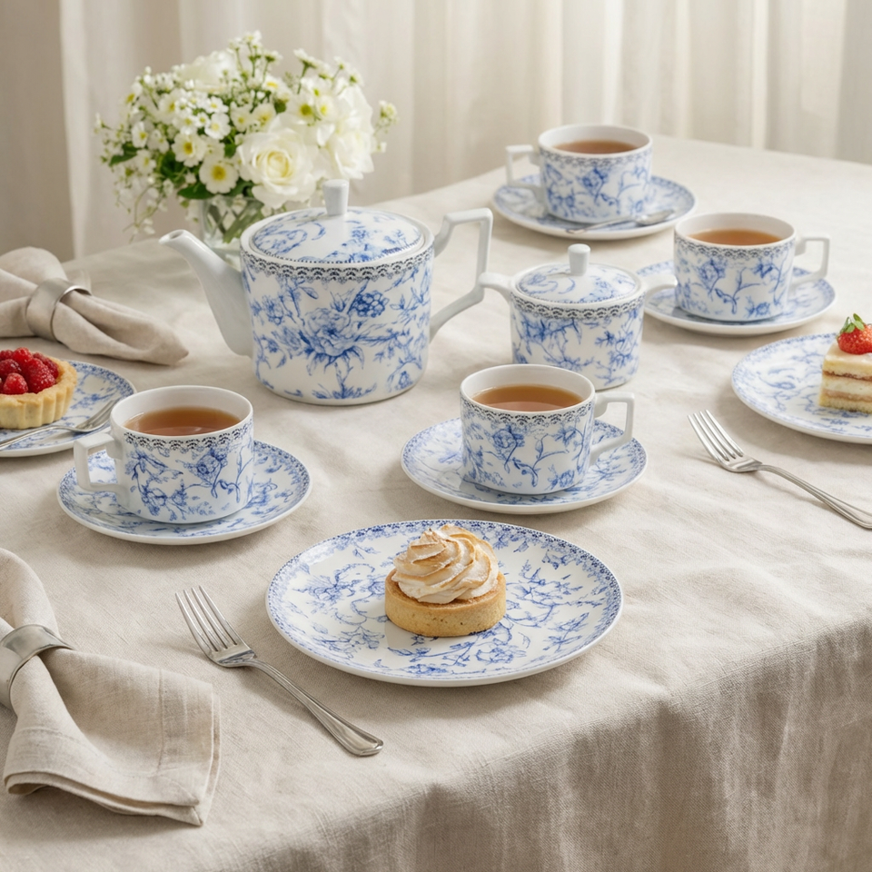 Jogo 4 Pratos de Sobremesa New Bone China Hortênsia 19cm Azul L'Hermitage