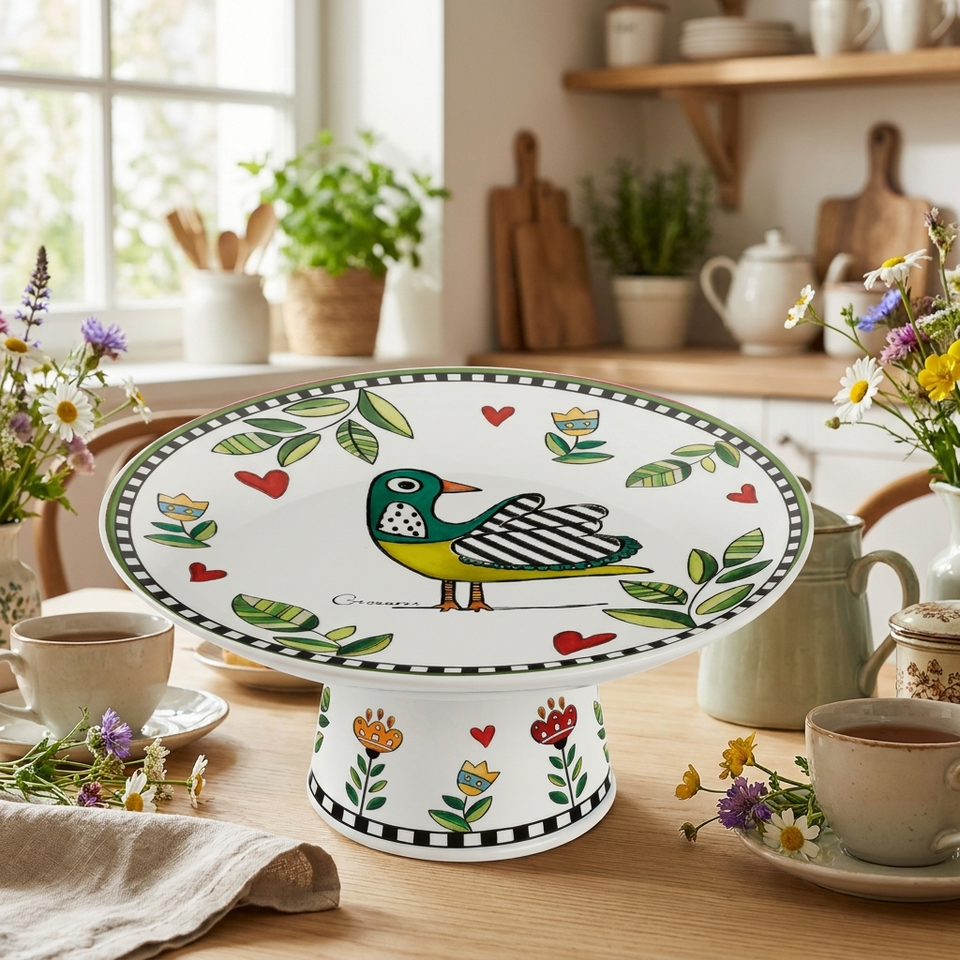 Prato para Bolo com Pé Porcelana Cocoricó Verde 19x9cm Egan