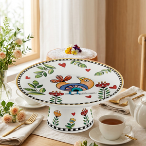 Prato para Bolo com Pé Porcelana Cocoricó Amarelo 19x9cm Egan