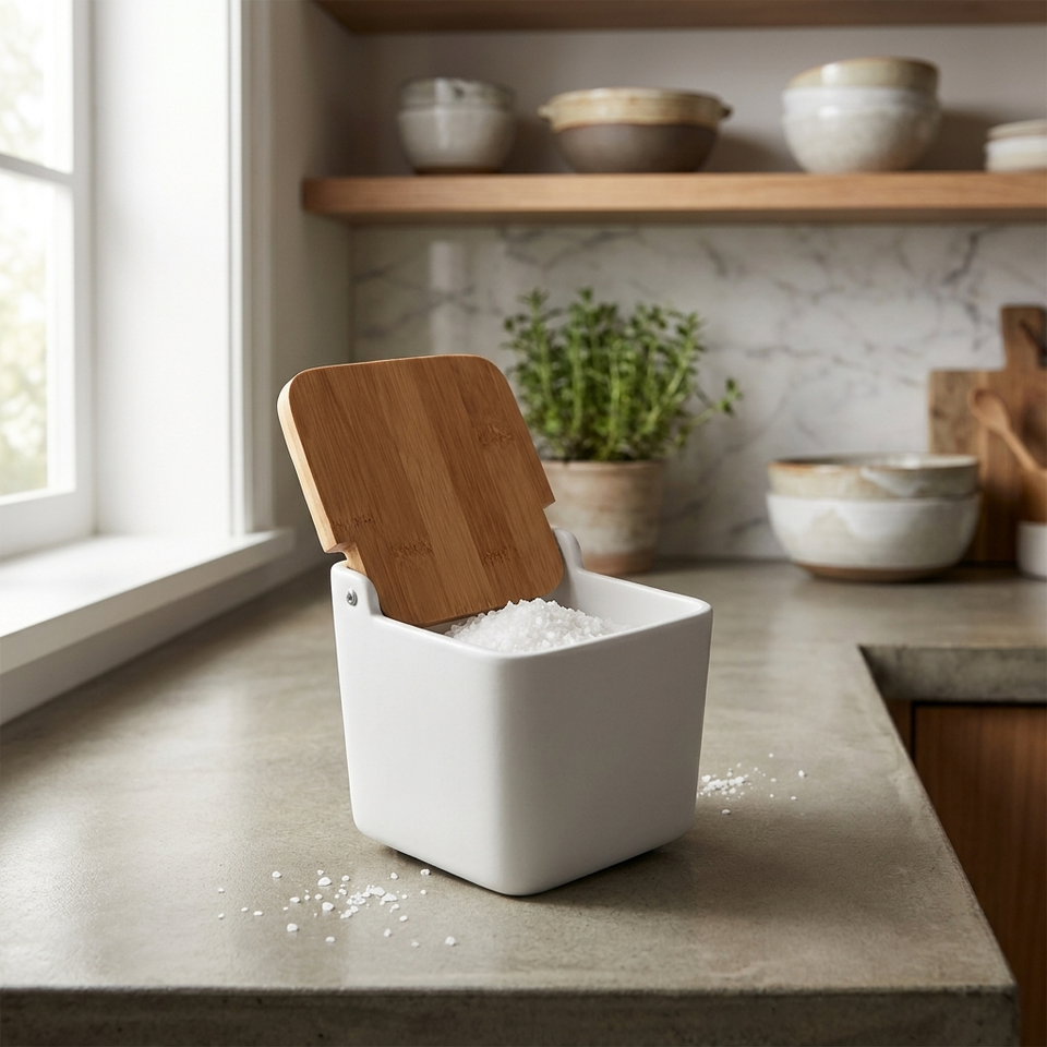 Saleiro de Mesa Cerâmica com Tampa Madeira e Colher Bianco 12cm