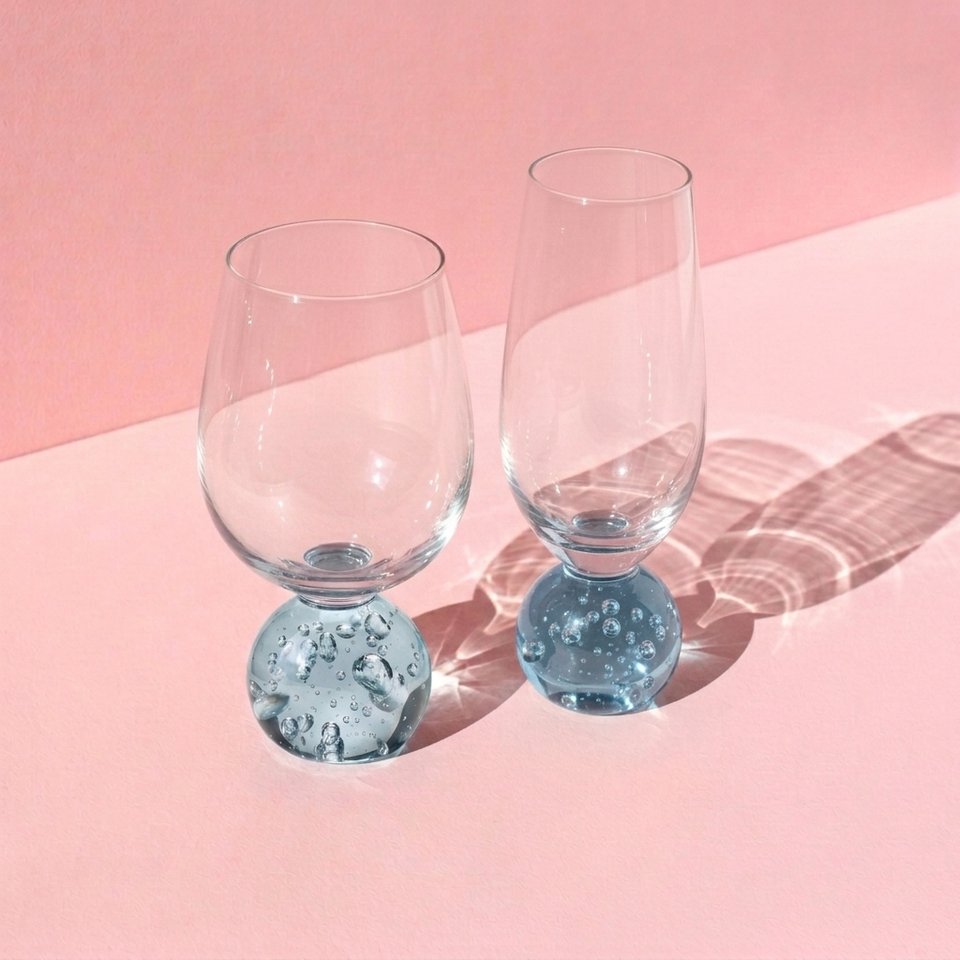 PRÉ-VENDA: Kit 6 Taças Vinho e 6 Taças Champagne Base Esfera Azul Sphere
