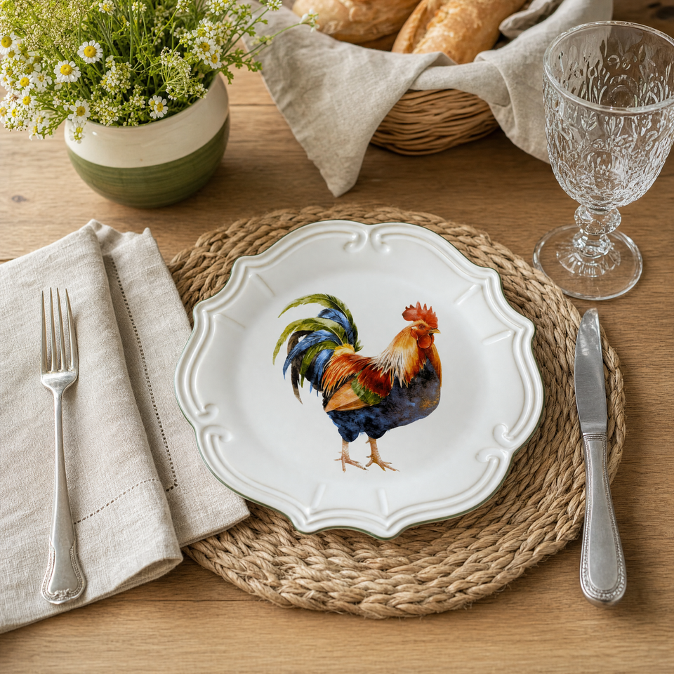 Jogo 6 Pratos Rasos Cerâmica Farmhouse Rooster 27,5cm Scalla