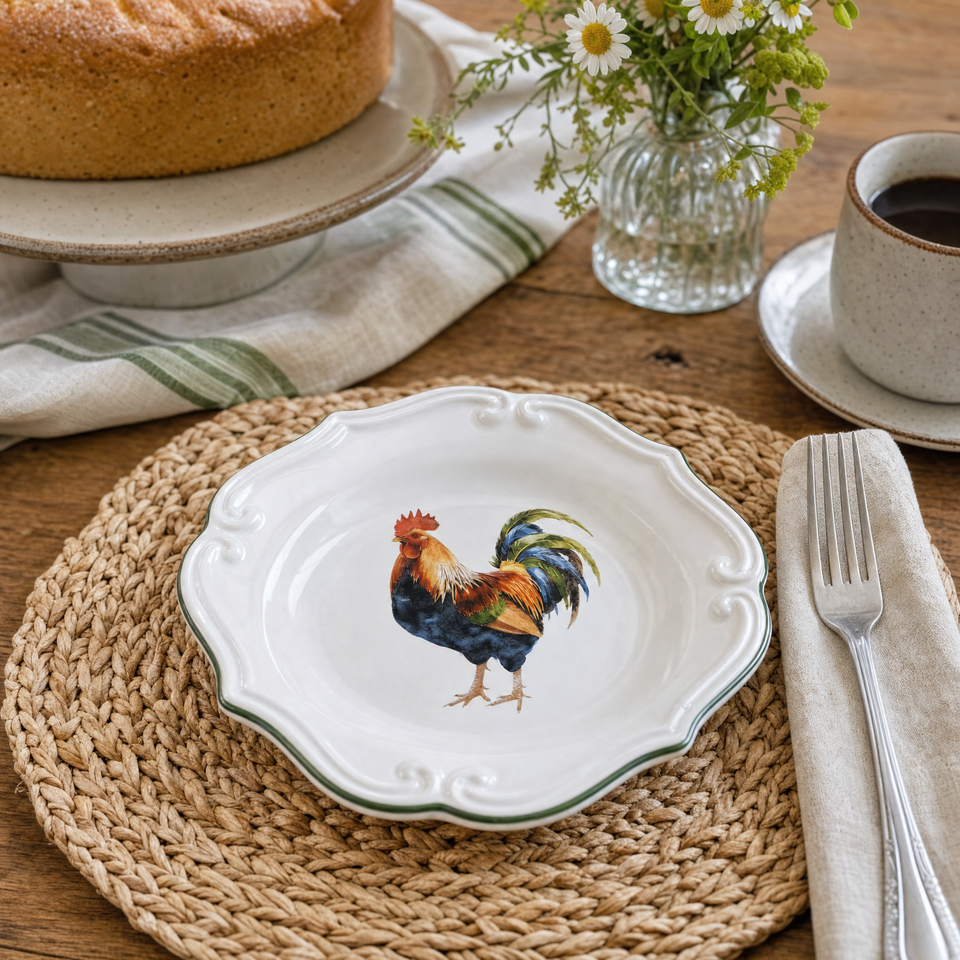 Jogo 6 Pratos de Sobremesa Cerâmica Farmhouse Rooster 22cm Scalla