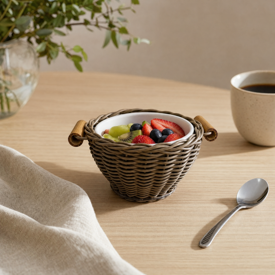 Bowl Cerâmica com Vime Trançado e Alças Bambu Capuccino P