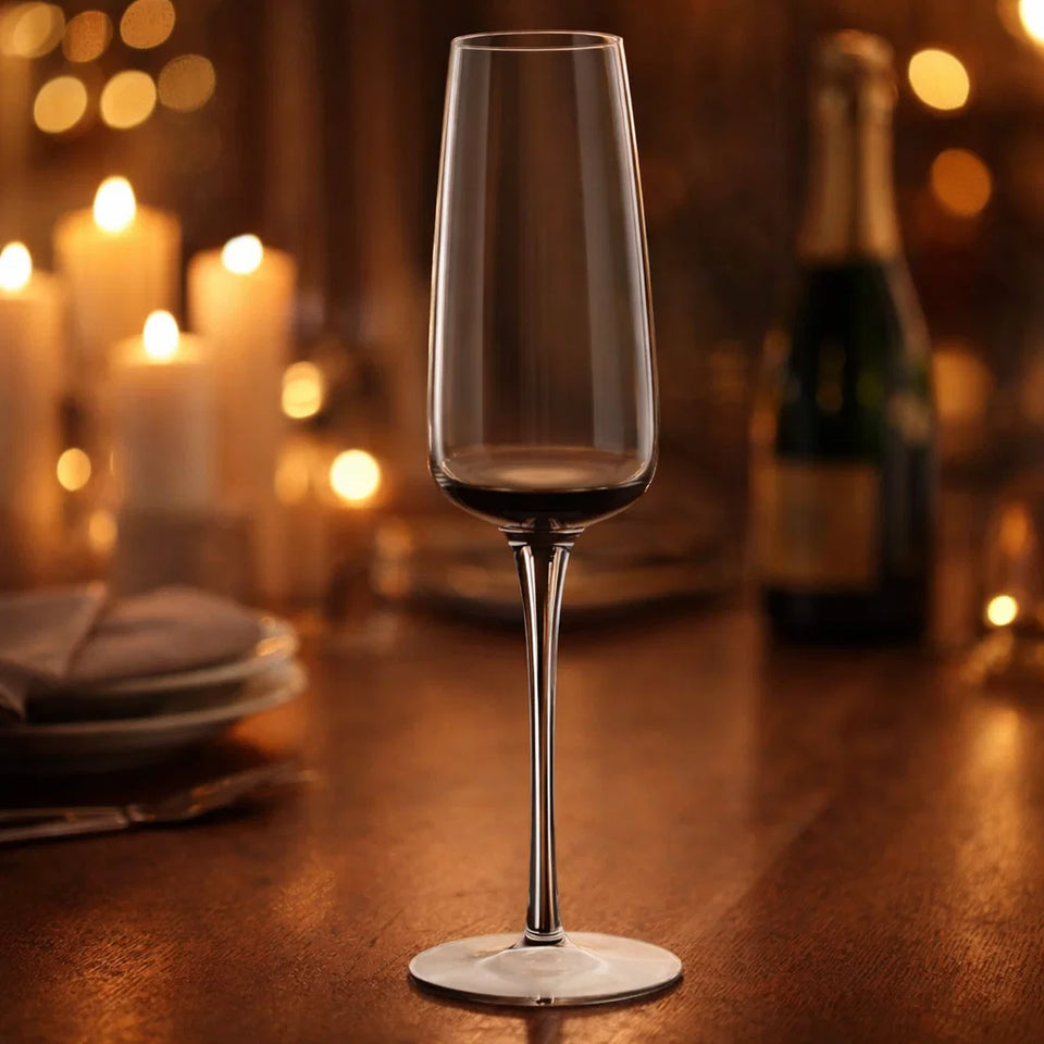 Jogo 6 Taças Champanhe Vidro Transparente com Haste Preta 210ml