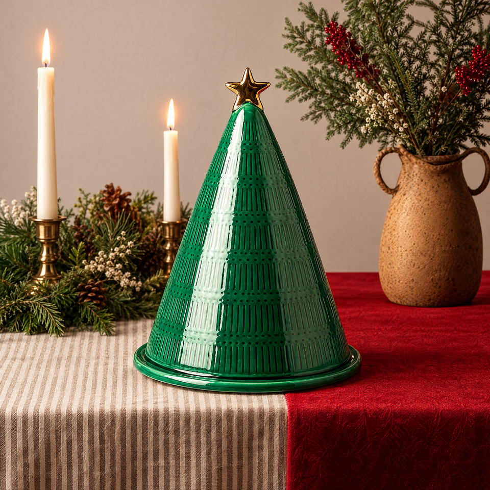 PRÉ-VENDA: Porta Panetone com Tampa Cerâmica Árvore de Natal Verde